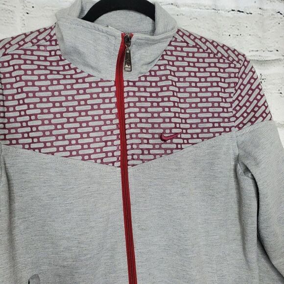Nike Fit Dry Gray Maroon Printed Full Zip Up Collared Cotton Jacket Womens Large - Picture 9 of 9